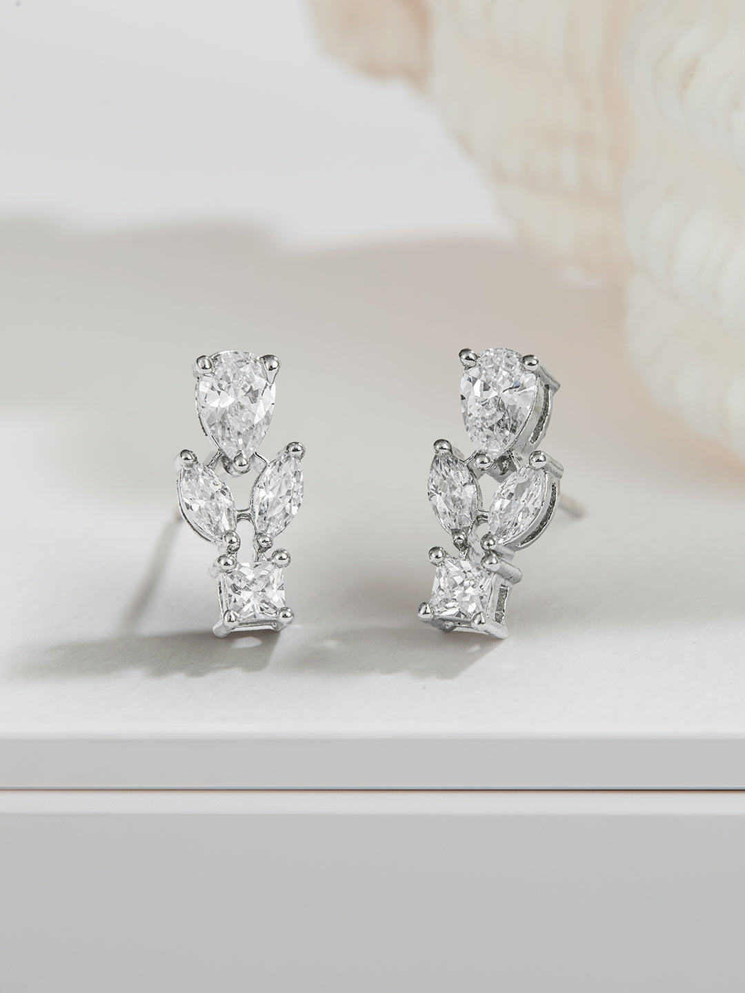 925 Sterling Silver Cubic Zirconia Leaf Studds Earrings